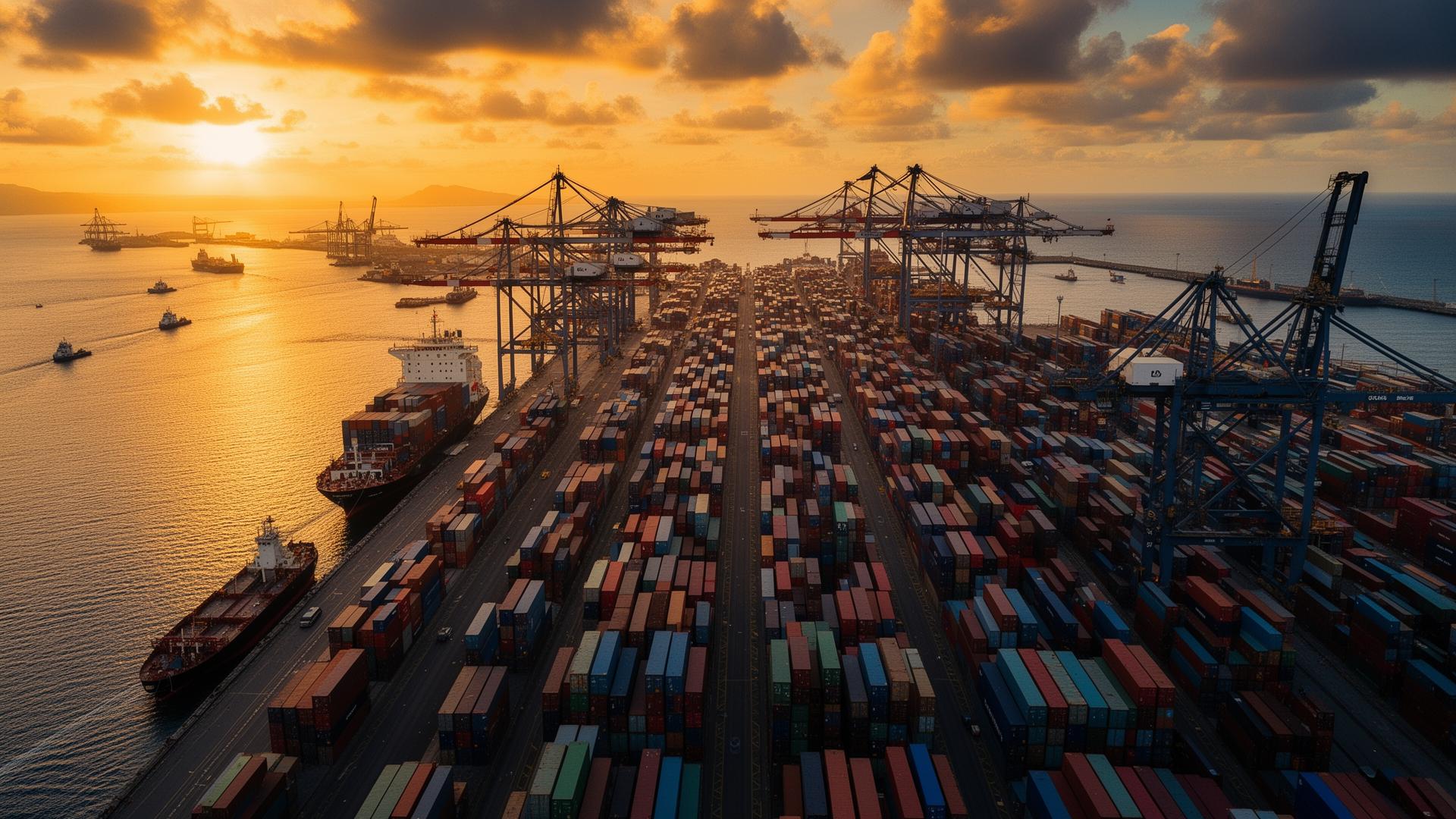 Aerial view of an international shipping port at golden hour